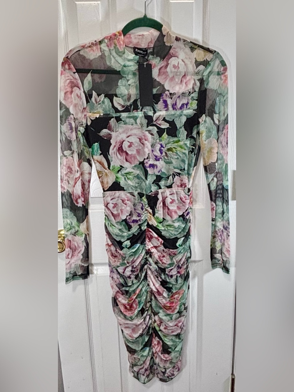bebe French Floral Ruched Mesh Mock Neck Long Sleeve Midi Dress Size S